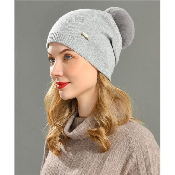 Women Winter Soft Warm Skull Caps Beanie Hats with Pompom main image 6